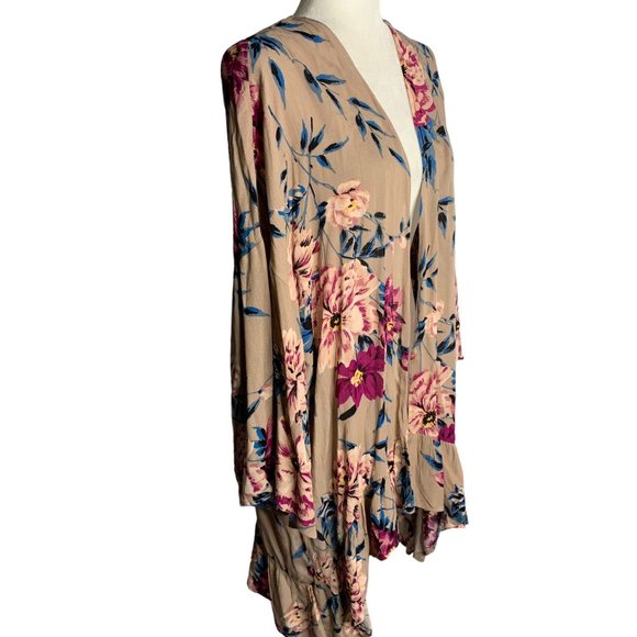 Charlotte Russe Open Front Kimono Top L Taupe Floral Ruffle Long Sleeves Rayon - Picture 6 of 7